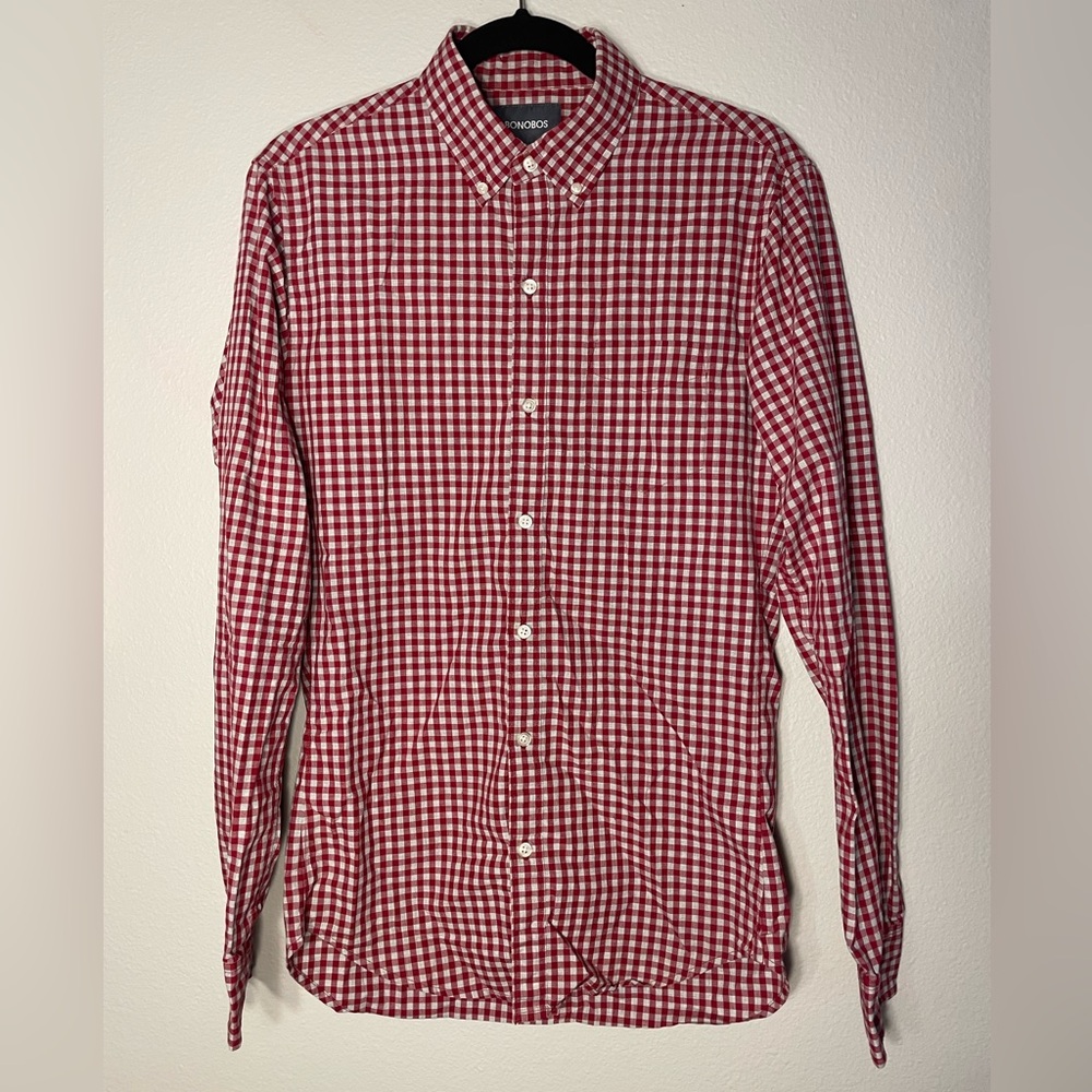 Bonobos Men's Red & White, Checkered, Collared, Long Sleeve, Button Down Shirt